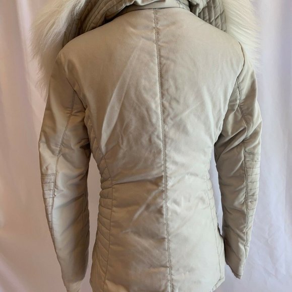 Moncler Choisia Goat Fur Collar Down Asymmetric Jacket NWT 1 SMALL Stone $1810 - Picture 4 of 10